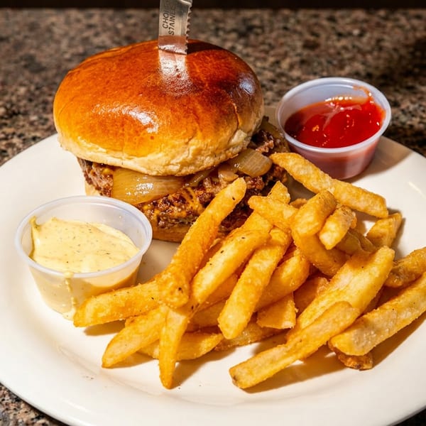 Cheeseburger with caramelized onions, steak knife, and a side of fries with ketchup and aioli.