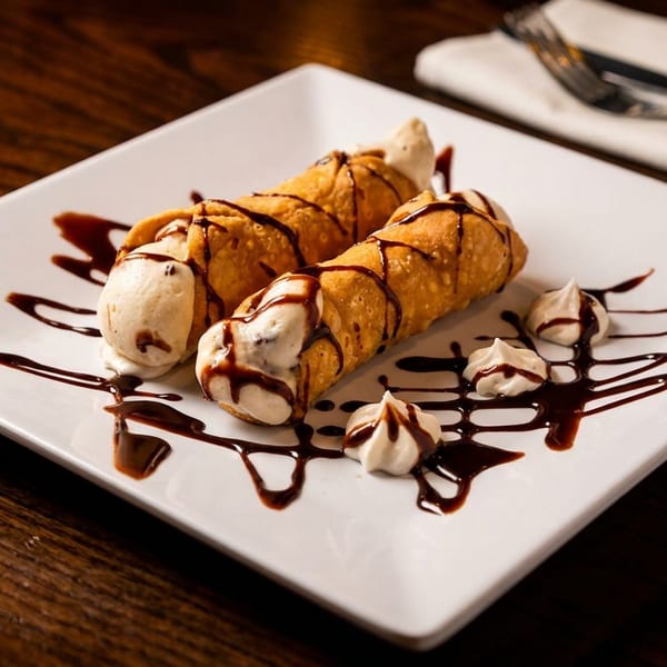 Two cannolis filled with cream and drizzled with chocolate sauce on a white plate.