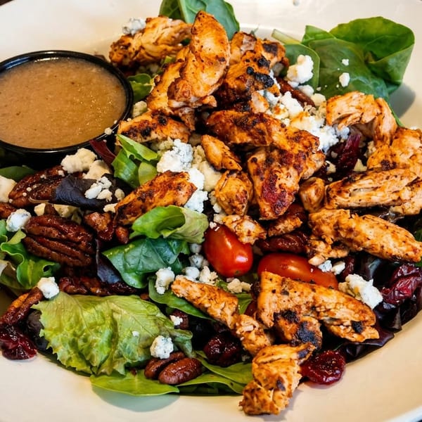 Grilled chicken salad with mixed greens, pecans, cranberries, cherry tomatoes, and blue cheese crumbles.