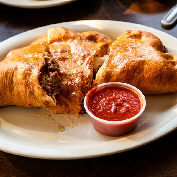 Two golden-brown calzones, one cut open to reveal meat and cheese, with a side of red sauce.