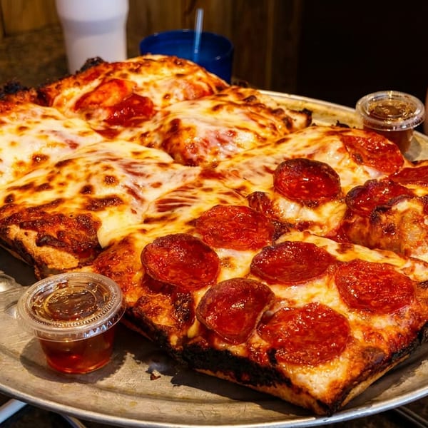 A large square pepperoni pizza with melted cheese and crispy crust on a metal tray.